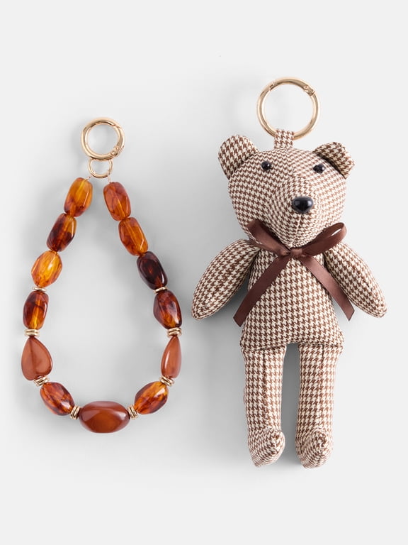Womens Plaid Bear Bag Charms, Brown