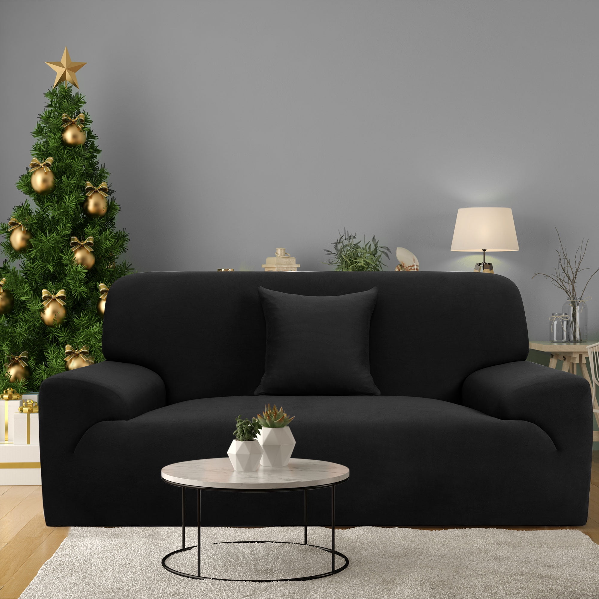 REGALWOVEN Thick Stretch Sofa Cover 2 Seater Solid Couch Cover, Black