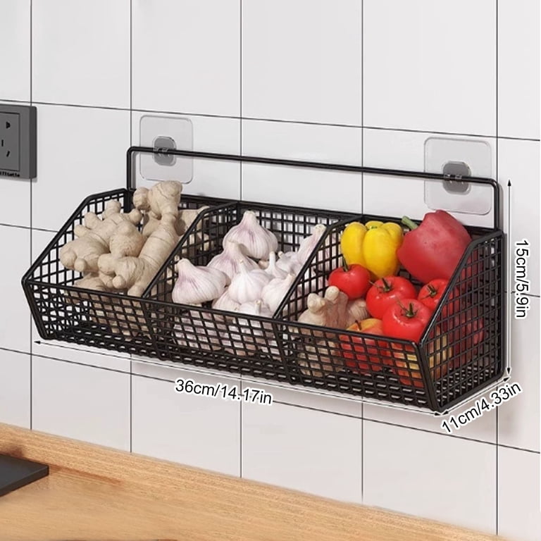 Wall Storage Basket, Kitchen Pantry Rack, Walls Basket Organizer with 3 Compartments, Hanging Potato Tray, Storage Baskets, Wall Mounted Vegetable Baskets for Kitchen Use, 1 Pcs, 14.17x4.33x5.9