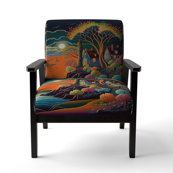 Designart "Modern Vector Full Moon I" Blue Landscape & Nature Upholstered Accent Chair - Modern Arm Chair For Bedroom