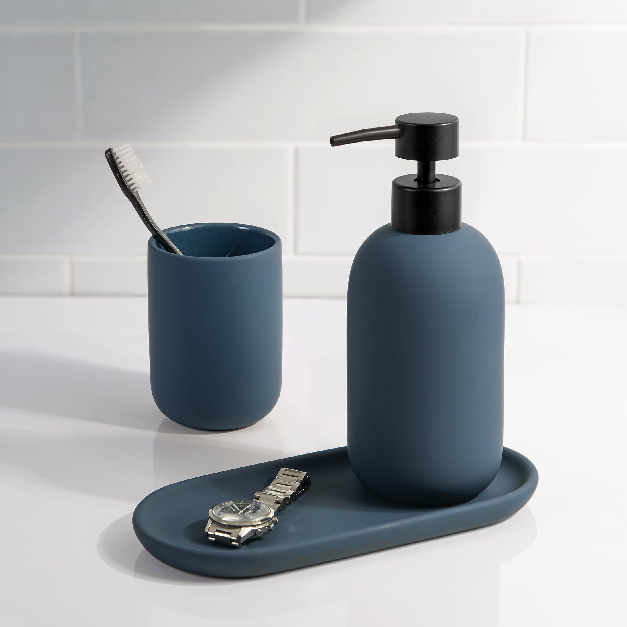 Mainstays Blue Soft Touch Ceramic Lotion Pump Dispenser with Matte Black Pump