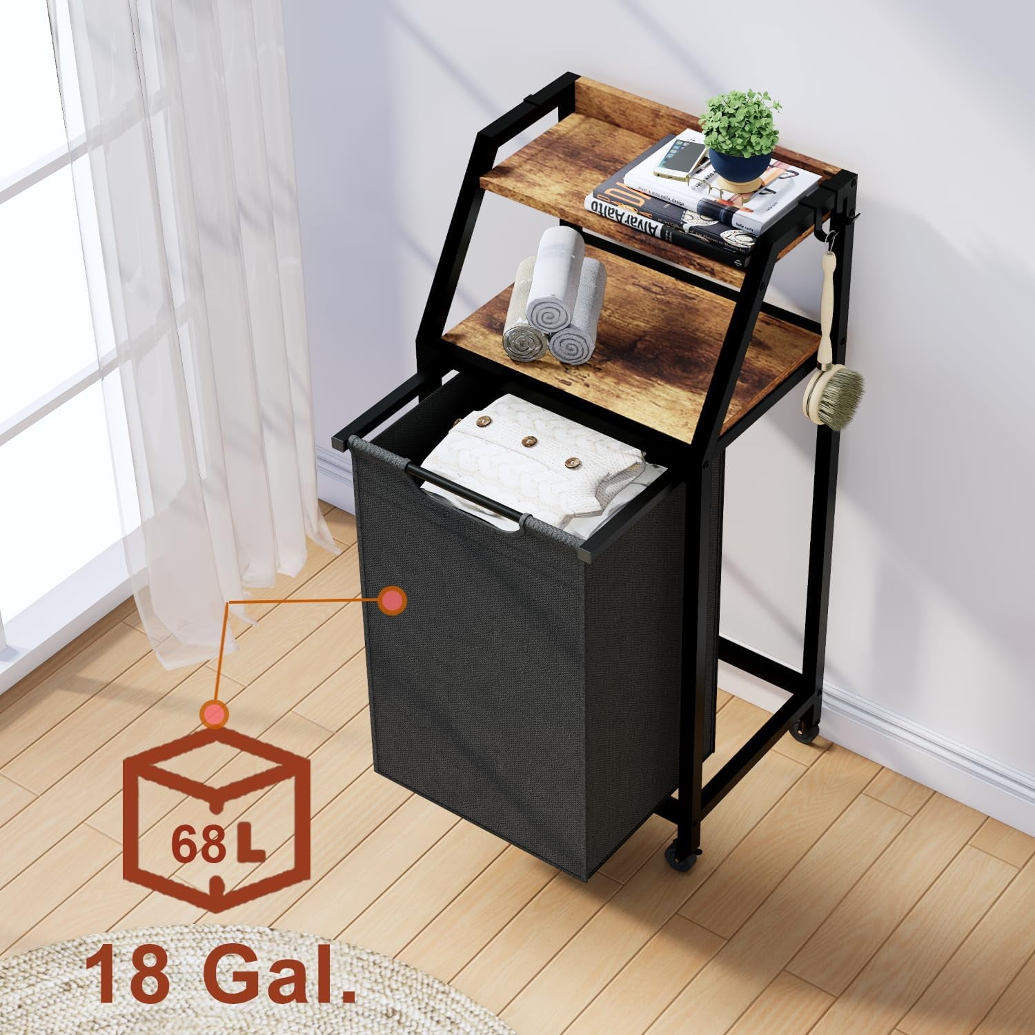 MX-Laundry Hamper, Laundry Sorter, Rolling Laundry Basket with Wheels, 2 Shelves, 18 Gal(68L), Pull-Out and Removable Oxford Fabric Bags, for Laundry Room, Black and Rustic Brown