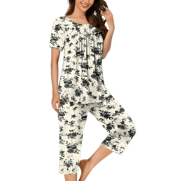 CaiJunJia Womens Summer Pajama Sets, Ladies 2 Piece Lounge Sets With Comfy Capri and Pockets Sleepwear