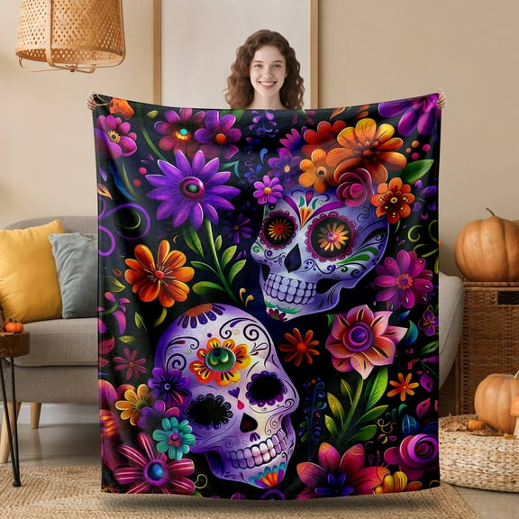 Halloween Throw Flannel Blanket Ghost Skeleton Cozy Fuzzy Warm Throw Blanket Vintage Scary Halloween Themed Print for Winter Couch Sofa Bed Home Decor 60"x50"