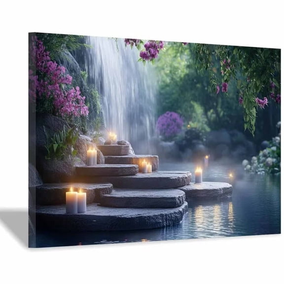 Mudket Framed Canvas Wall Art Ready to Hang, Waterfall Steps Purple Floral Candle Zen Wall Art, Botanical Landscape Wall Decor for Bedroom Living Room Office Wedding Decor - 12"L x 8"W