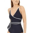 thumbnail image 2 of TOMMY HILFIGER Women's Navy Stretch Wrap-Front Belted Tie Surplice Tankini Swimsuit Top M, 2 of 3