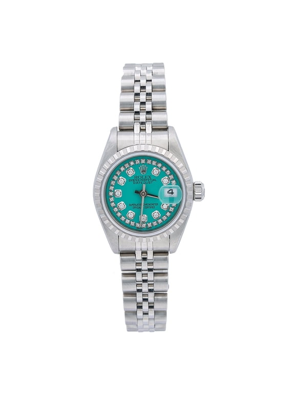 Pre-Owned Rolex Datejust 26MM 6916 Turquoise Diamond Dial Engine Turned Bezel Stainless Steel Jubilee Bracelet