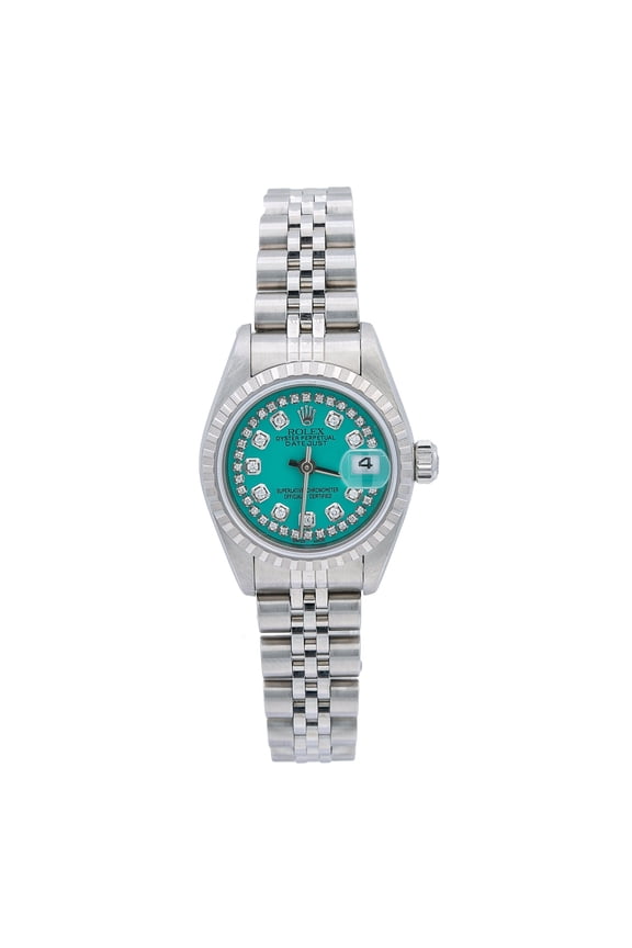 Pre-Owned Rolex Datejust 26MM 6916 Turquoise Diamond Dial Engine Turned Bezel Stainless Steel Jubilee Bracelet