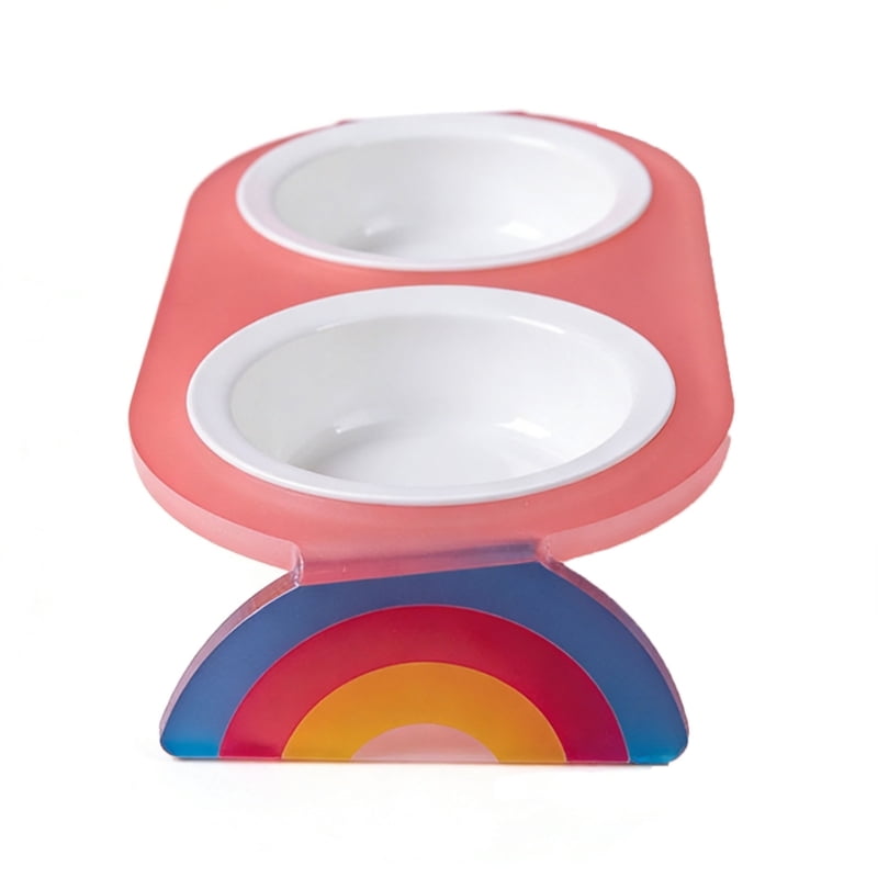 Yiran Ceramic Double Cat Bowl with Rainbow Stand, Pink