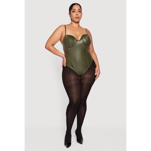 Women's Plus Size Faux Leather Ruched Corset Bodysuit