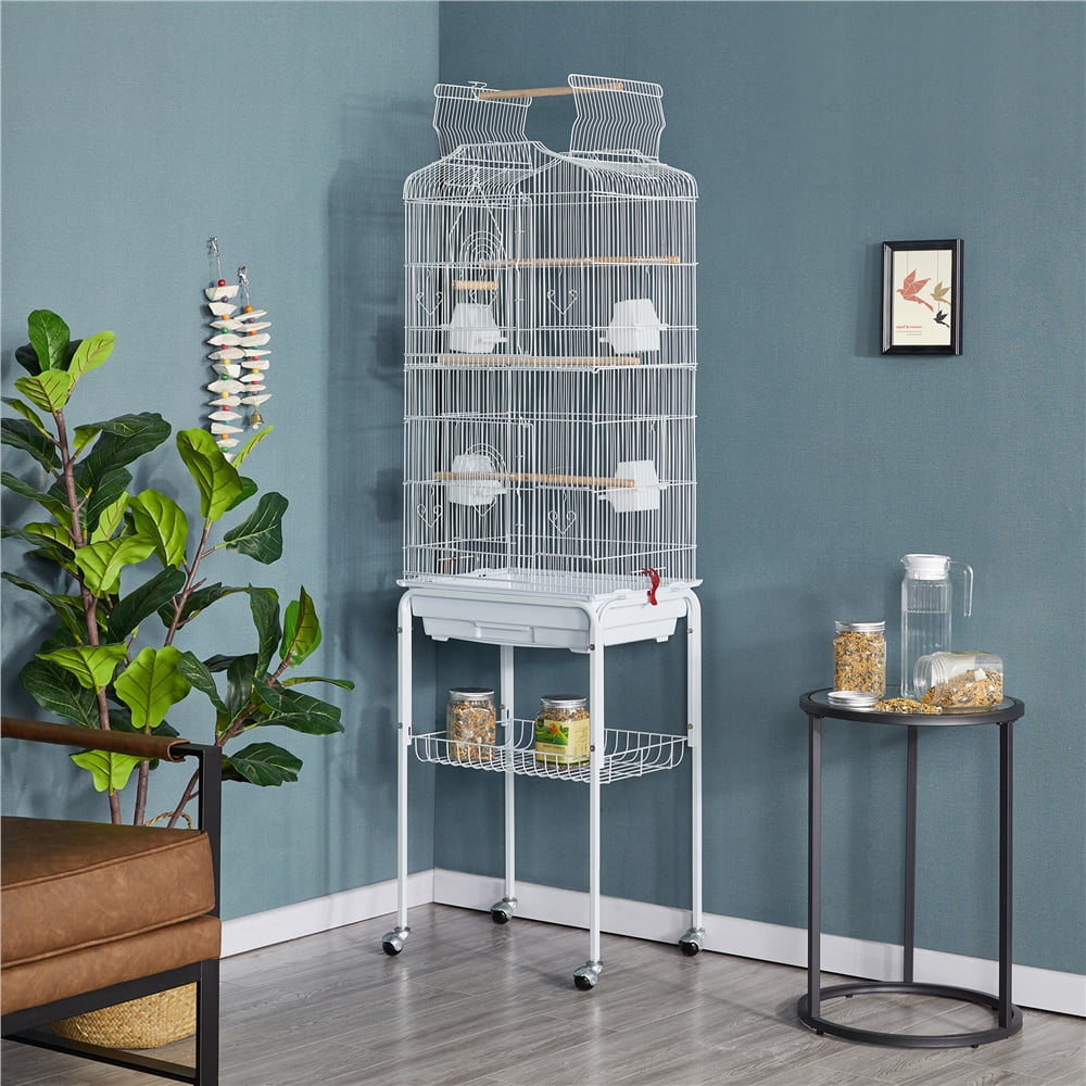 Yaheetech 64"H Open Top Metal Bird Cage Large Parrot Cage w/ Double Doors & Rolling Stand for Budgie Parrot Canary Cockatiel, White