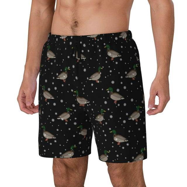 Kdxio Mallards And Snowflakes Print Mens Swim Shorts with Mesh Lining, Breathable and Quick-Drying, Adjustable Waist, Privacy Pocket-Small