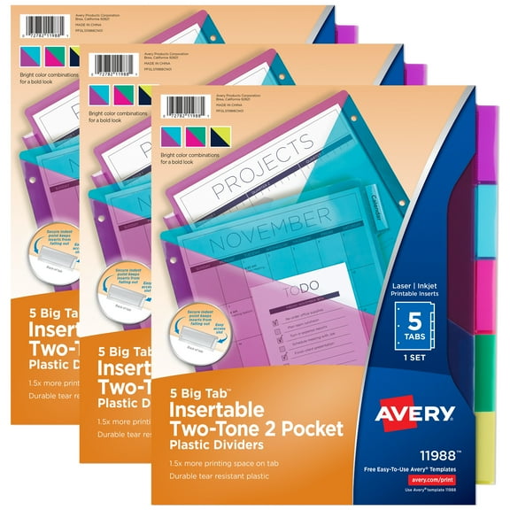 Avery Big Tab Insertable 2 Pocket Dividers for 3 Ring Binders, 5-Tab Sets, Bright Two-Tone Multicolor, 3 Binder Divider Sets (01742)