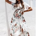 thumbnail image 4 of Boho Dress for Women Floral Printing Ruffle Irregular Beach Sundresses Short Sleeve Wrap V-Neck Belted Flowy Dress, 4 of 7