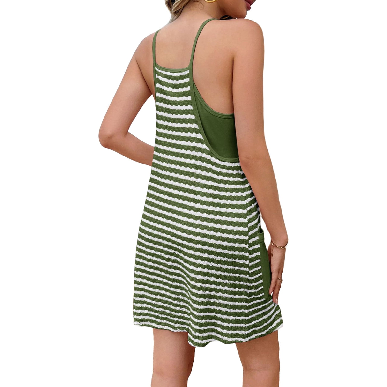 Sleeveless Striped Print Women Spaghetti Strap V-neck Mini Dress with Built in Shorts