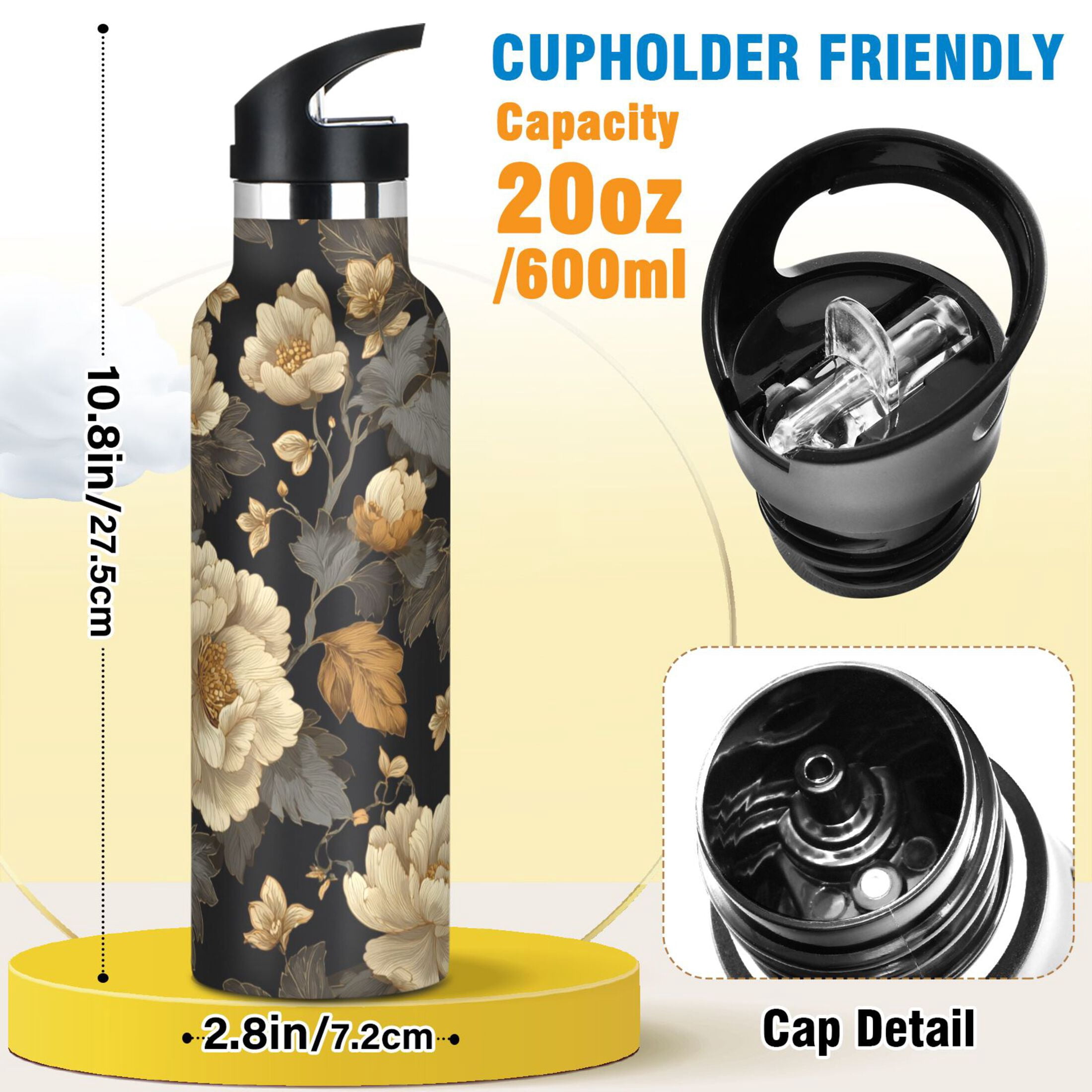Kids Insulated Stainless Steel Sports Water Bottle 600ml (20oz) Elegant Beige Floral