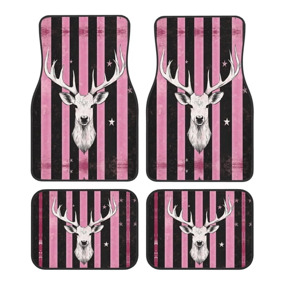 KAKALAD Pink Black Stripes Deer Head Car Floor Mats 4PC Set Carpet Protection, Universal Fit for Car SUV VA & Truck, Vehicle Front & Rear