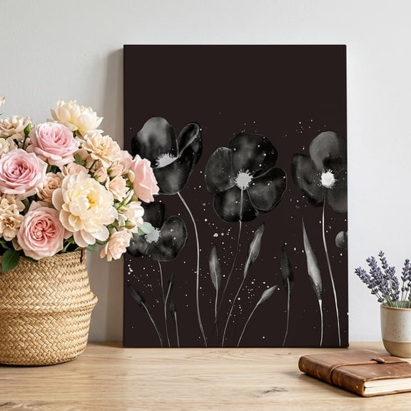 Canvas Wall Art Black Poppy Canvas Art Print Leaves Modern Dark Watercolor Floral Pictures Wall Decor for Living Room Bedroom Artwork Decorations Stretched Framed Ready to Hang 24"x36"