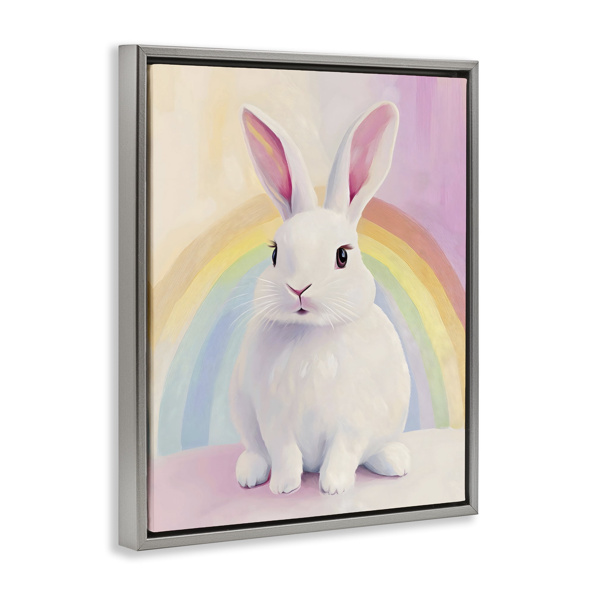 Stupell Industries Rainbow Bunny in Pastel Hues Gray Framed Floater Canvas Wall Art, design by The Prints Vibe