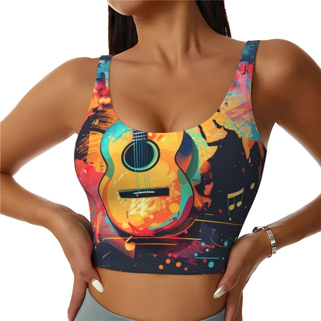 Fotbe World Map Guitar Illustration Sujetador Deportivo Largo sin Aros para Mujer con Almohadillas y Soporte Medio, Transpirable y Absorbente, Camiseta Tipo Chaleco o Tank Top-XX-Large