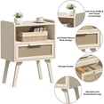 thumbnail image 4 of LELELINKY Mid Century Nightstand with Rattan Accents, Bedside Table with Drawer and Open Shelf, Solid Wood Legs, Grey, 4 of 7