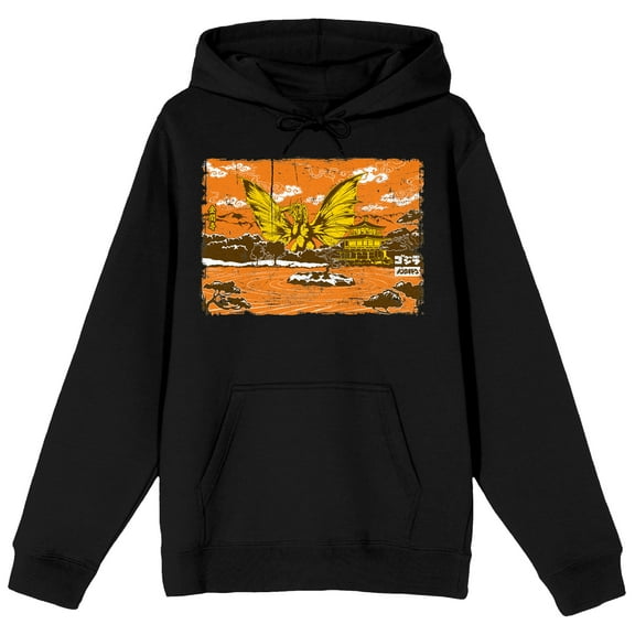 Godzilla Classic King Ghidorah and Pagoda Japanese Style Art Adult Black Hoodie-Medium