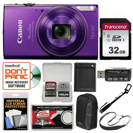 Canon PowerShot Elph 360 HS Wi-Fi Digital Camera (Purple) with 32GB Card + Case + Battery + Selfie Stick + Sling Strap +