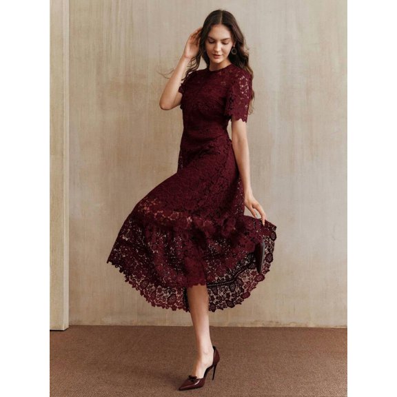 Burgundy Dress With Short Sleeve And Ruffled Hem