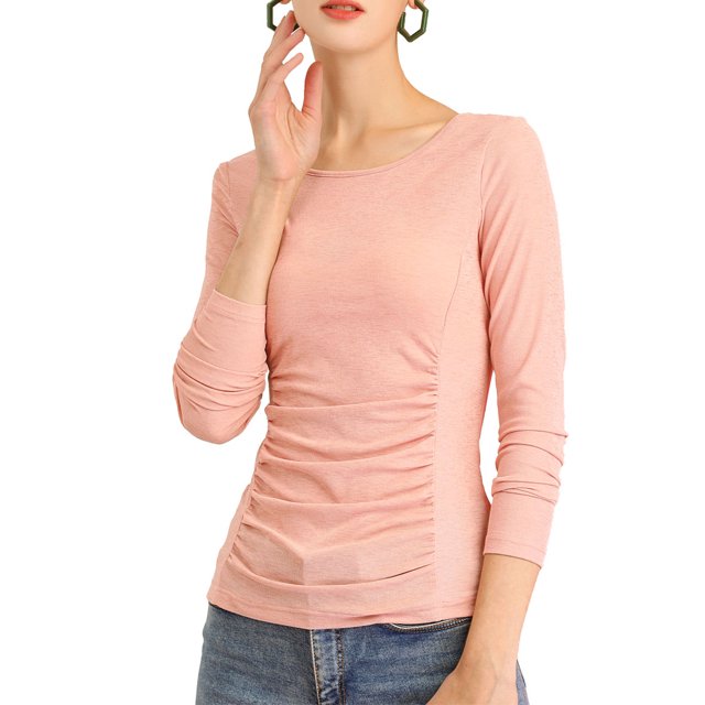 INSPIRE CHIC Women's Solid Crew Neck Long Sleeve Ruched Stretchy Tops
