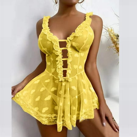 Women s Sexy Nightdress Heart Print Negligee Lace Splicing Mesh Chemise Hollow Out Lingerie Cute Ruffle Nighty See Through Teddy Babydoll Backless Nightgown Erotic Sleepwear