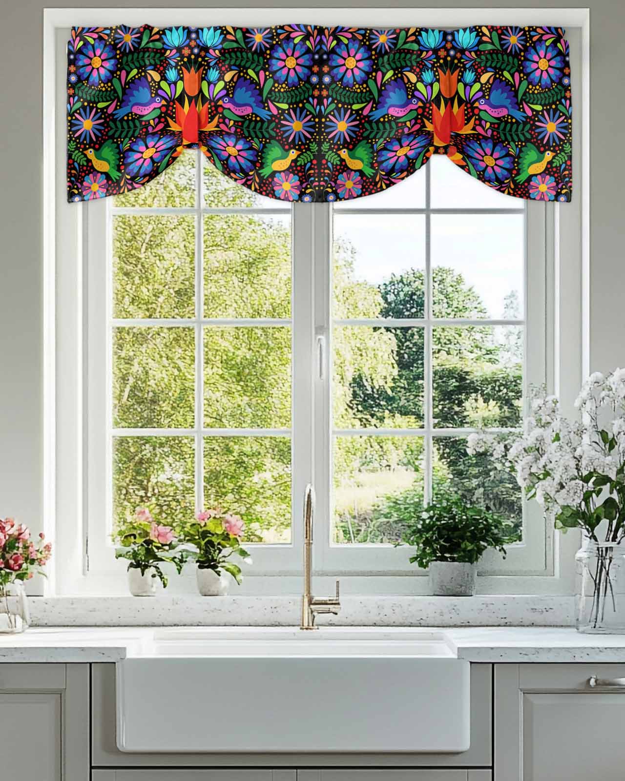 Colorful Mexican Floral Tie Up Valances Curtain, Adjustable Kitchen Bird Rustic Assorted Flower Valances for Windows Decor, Rod Pocket Short Curtains Set for Bedroom/Bathroom, 60"x18"