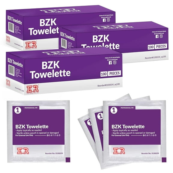 Ever Ready First Aid Bzk Antiseptic Towelettes, Benzalkonium Wipes, 5”x7”, 300 Count