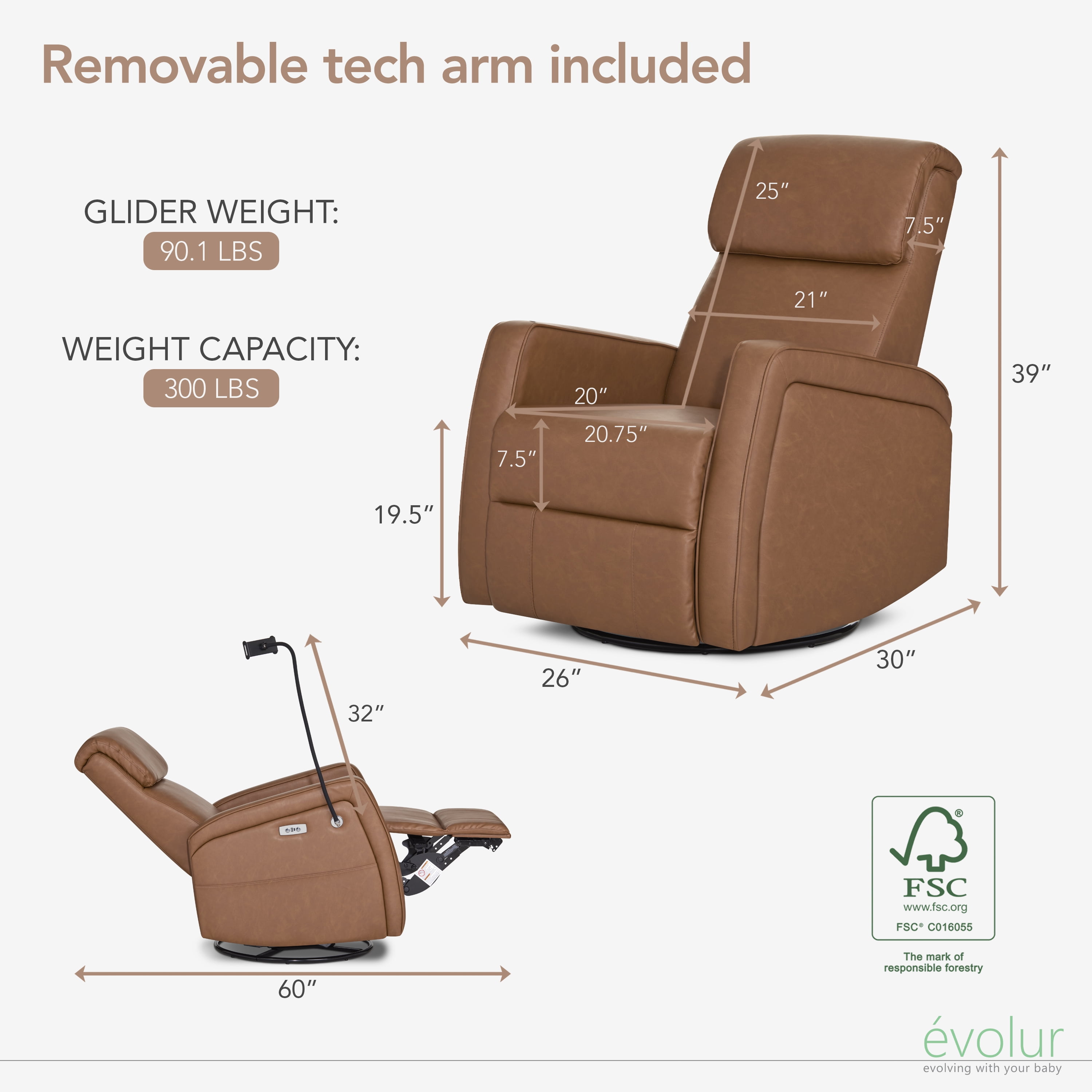 Buybuy BABY by Evolur Maverick Power Recline Glider with Device Holder, Cognac