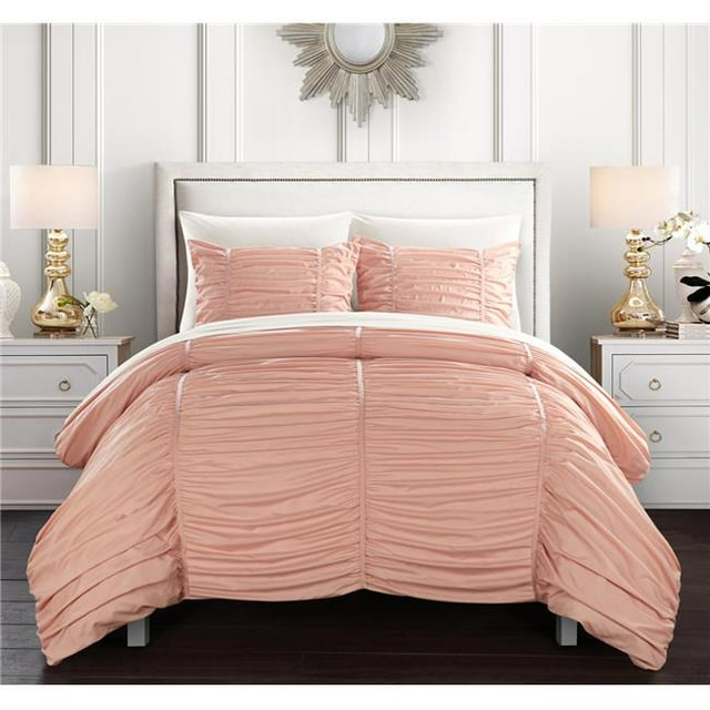 Chic Home BCS11633-BIB-US Karrie 7 Piece Comforter Set Contemporary Striped Ruched Ruffled Design Bed in a Bag - Sheet Set Pillowcases Decorative Pillow Shams Included, Queen - Coral