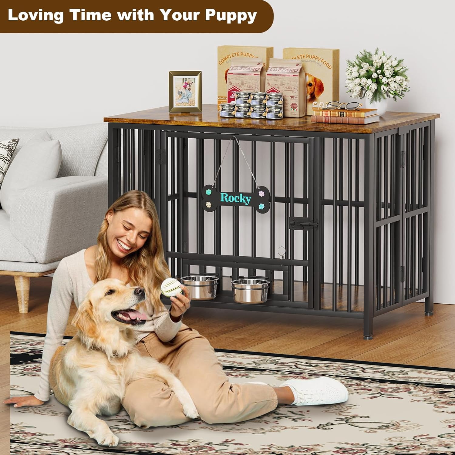 POAO 41" Dog Crate Furniture Foldable, No Assembly Decorative Dog Kennel Indoor, Dog Crates for Large Dogs(40-65 lb), Wooden Dog Cage with Adjustable Bowls and Name Tag, End Table, Rustic Brown