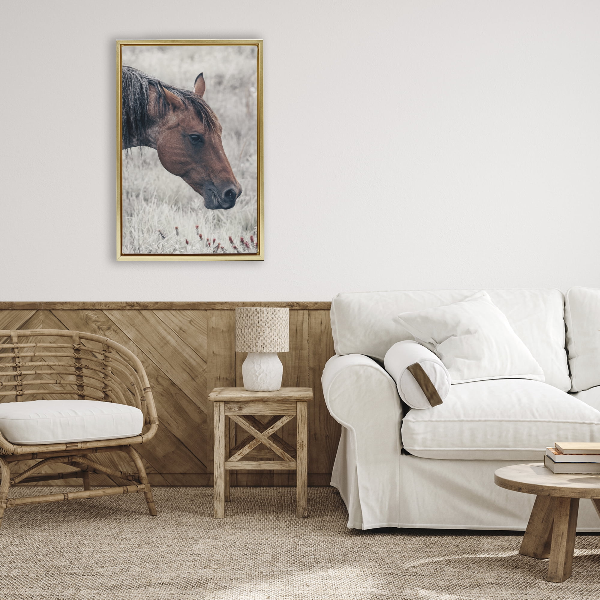 Stupell Industries Mother Horse Grazing in Meadow Gold Framed Floater Canvas Wall Art, design by Nathan Larson