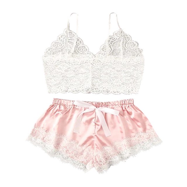 Women Sexy Lingerie Satin Lace V-Neck Shorts Set Sleepwear Women Sexy Sleeping Clothes Pajama For Women pangjing