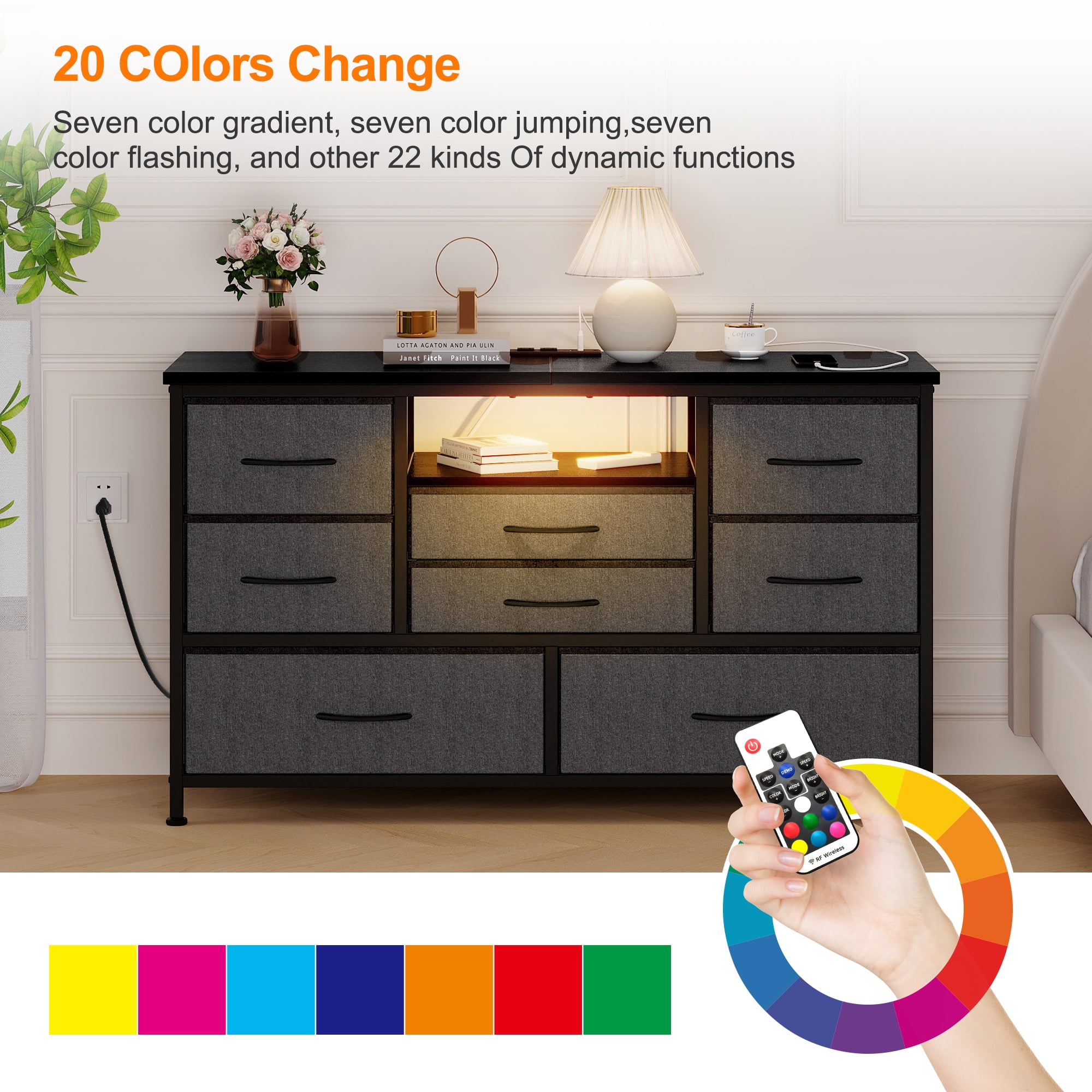 8 Dresser TV Stand with Power Outlet & LED for 55'' TV, Long Dresser for Bedroom with 8 Deep Drawers, Wide Console Table for Storage in Closet, Living Room, Entryway, Wood Top ,Grey