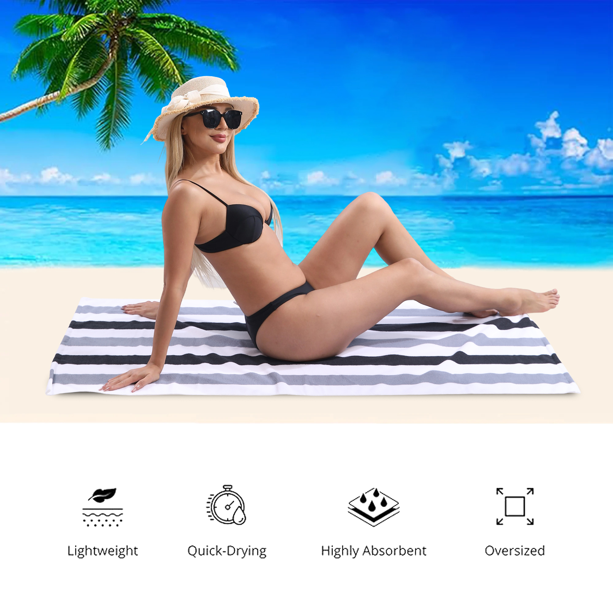 Jessy Home 4 Pack Large Oversized Beach Towels Set 30"*60" Cabana Stripe Pool Towel Gray Black Beach Sheet Towel