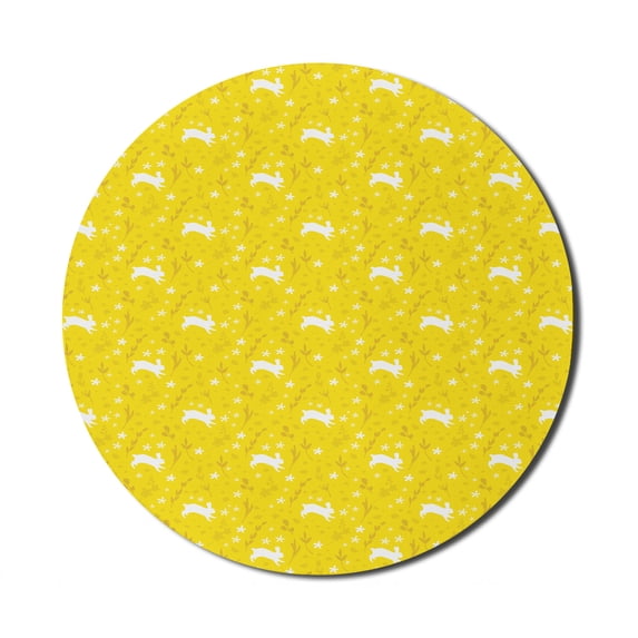 Bunny Mouse Pad for Computers, White Silhouettes of Rabbits Flowers Herbs and Leaves Rural Nature Theme, Round Non-Slip Thick Rubber Modern Mousepad, 8" Round, Yellow Mustard White, by Ambesonne