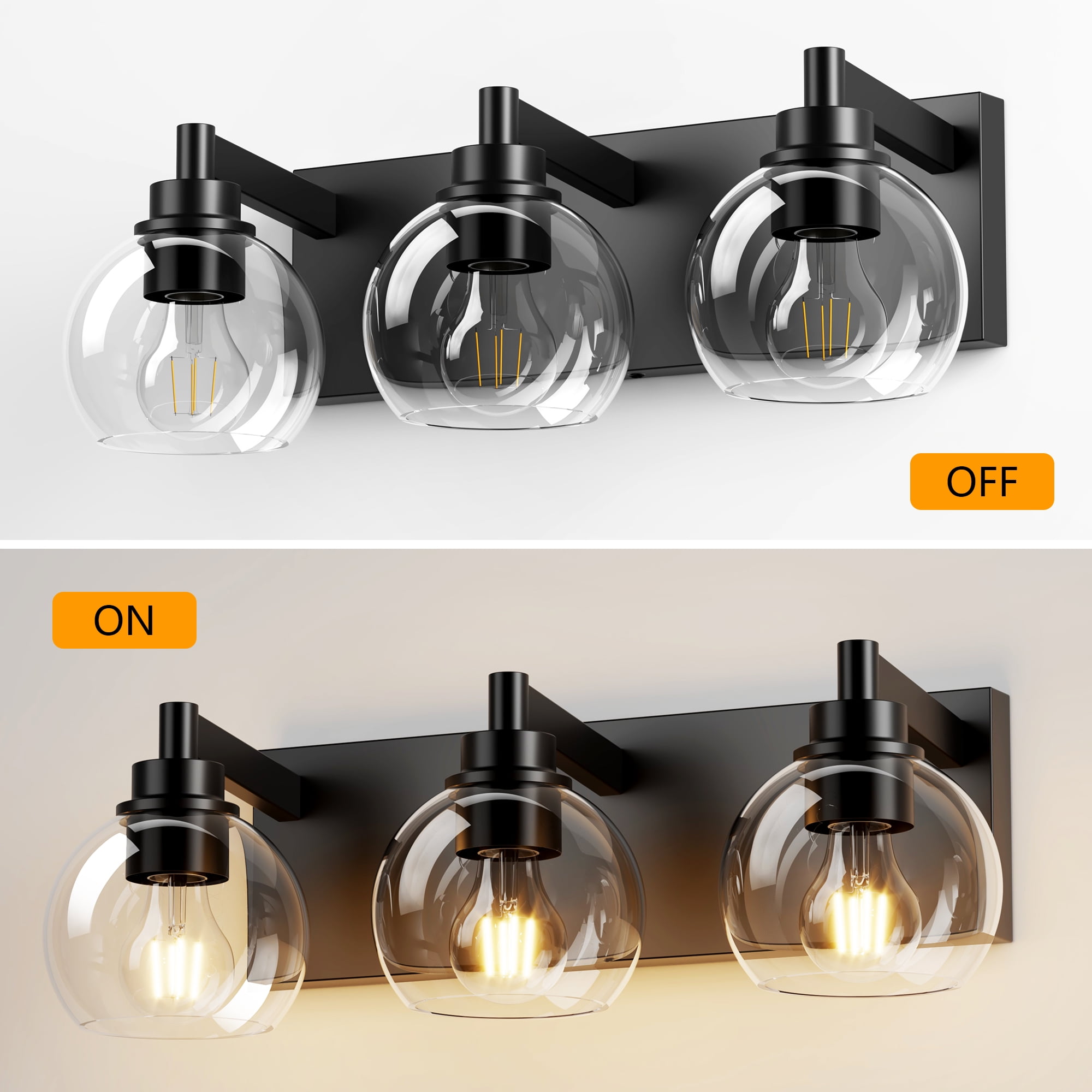 GCGAFUL 19 in. 3-Light Matte Black Modern Dimmable Bathroom Vanity Light with Clear Glass Globe Shade