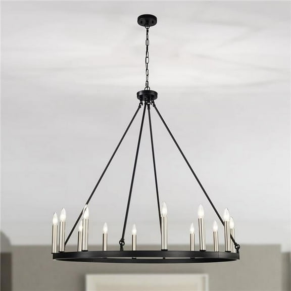 Grania 40 in. 12-Light Indoor Matte Black and Brass Finish Chandelier with Light Kit
