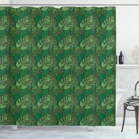 Philodendron Shower Curtain, Tropical Monstera Leaves Drawing in Dark Tones, Fabric Bathroom Set with Hooks, 69W X 75L Inches Long, Jade Green Fern Green and Pale Petrol Blue, by Ambesonne