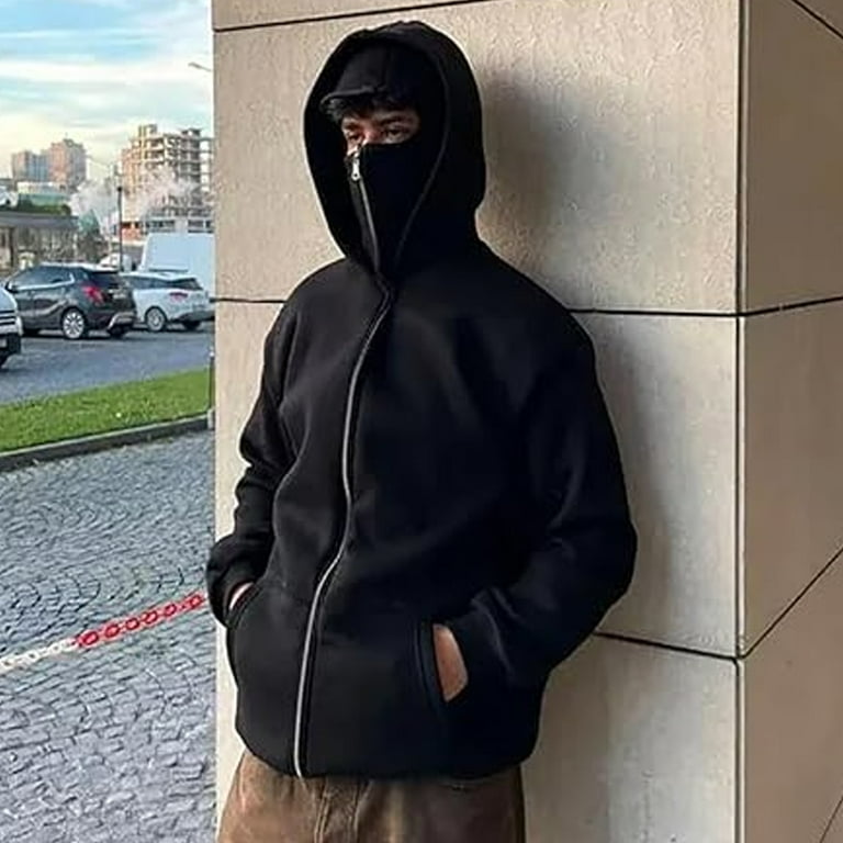 Men's Balaclava Zip Hoodie Full-Zip with Warm Face Mask Zip Jacket