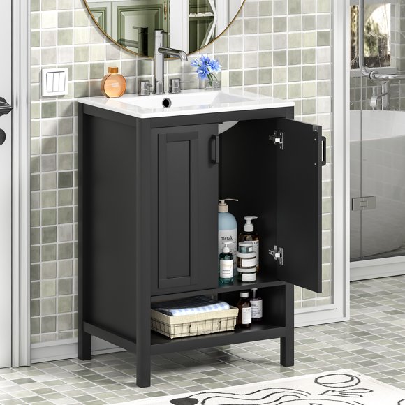 Eumyviv Armoire Combinée de Lavabo à Deux Portes Noire de 24 Pouces