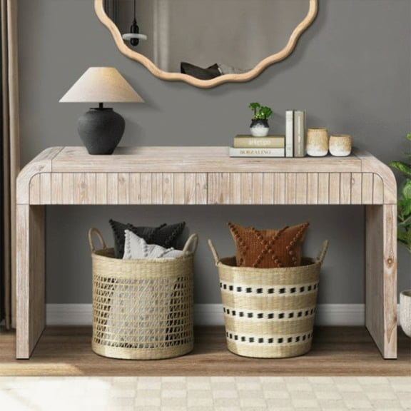 MDQMD Natural Wood Farmhouse Narrow Console Table with 2 Drawers,Sofa Table for Living Room,Entryway Table with Handless Drawers for Storage