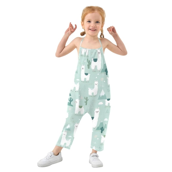 Girls' Jumpsuits Rompers Summer Casual Sleeveless Rompers With Pockets Spaghetti Strap Romper Cute Cartoon Llama Pattern 1T