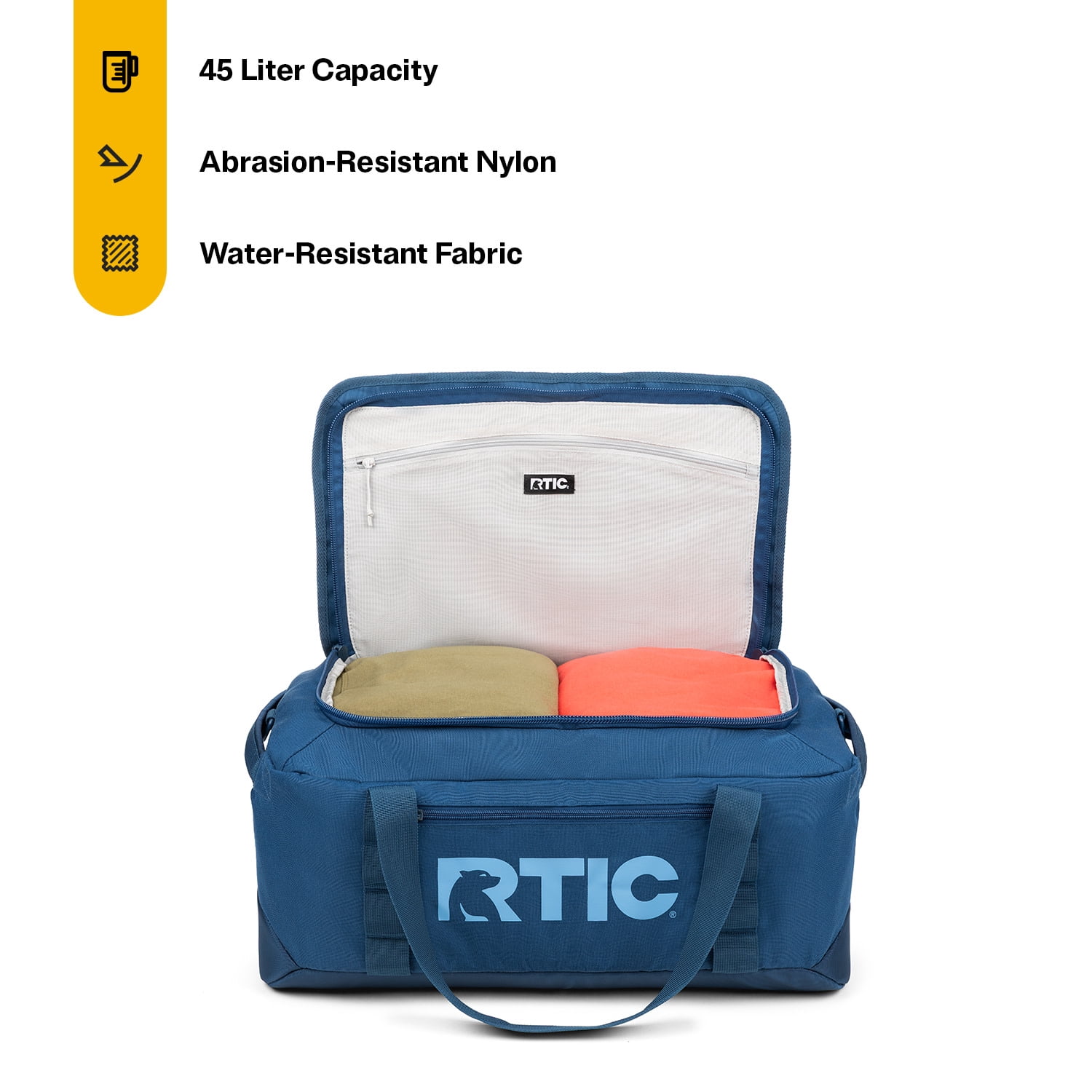 RTIC Road Trip Duffle Bag, Medium, Water Resistant, Durable Fabric, Navy & Denim