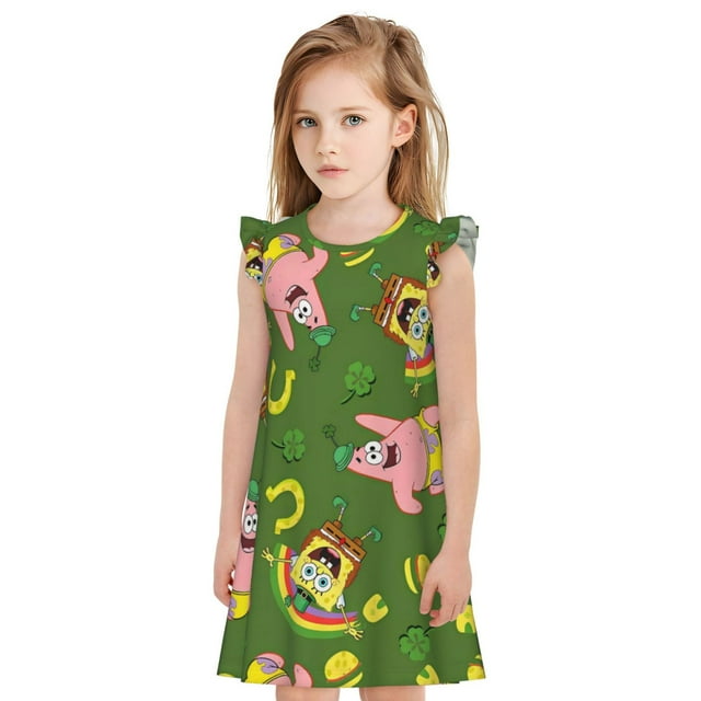 Yiaed SpongeBob SquarePants pour Filles Mignonnes Chemises de Nuit, Pyjamas Manches Courtes à Volants Robe de Nuit Confortable pour Tout-Petits Filles-TG