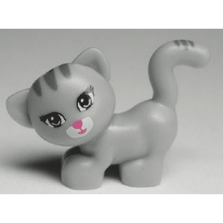 LEGO Animal Cat, Friends, Standing and Looking Left with Yellowish Green Eyes, Dark Pink Nose and Mouth, Dark Bluish Gray Stripes and White Muzzle Pattern (Maxie)